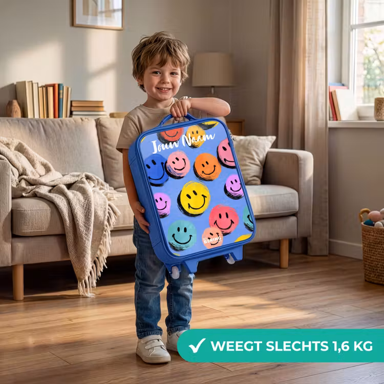 Kinderkoffer met naam - Blauw - Een speels en kunstzinnig patroon van kleurrijke smileys — 2