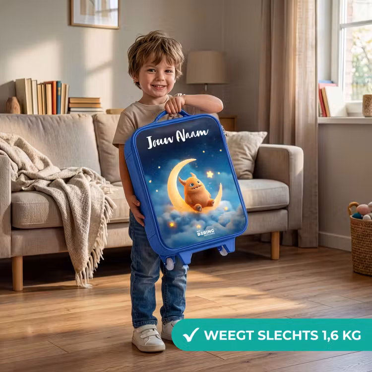 Kinderkoffer met naam - Blauw - Oranje monster op maansikkel — 2