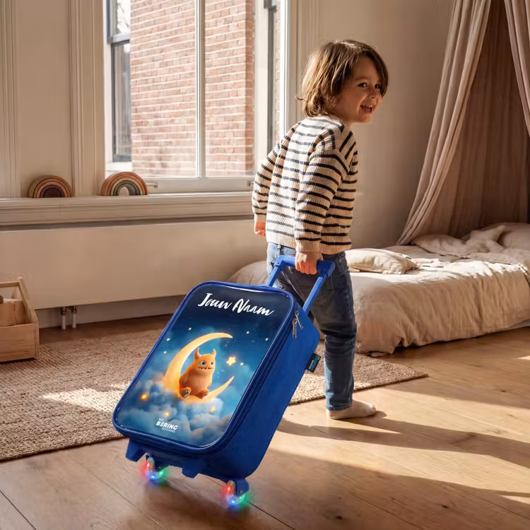 Kinderkoffer met naam - Blauw - Oranje monster op maansikkel — 3