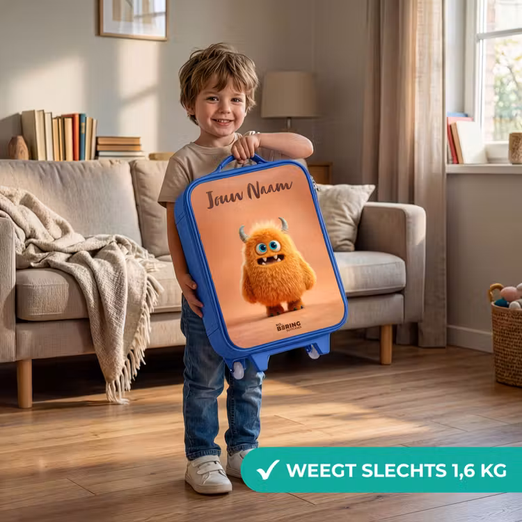 Kinderkoffer met naam - Blauw - Oranje Pluizig Monster met Hoorns — 2