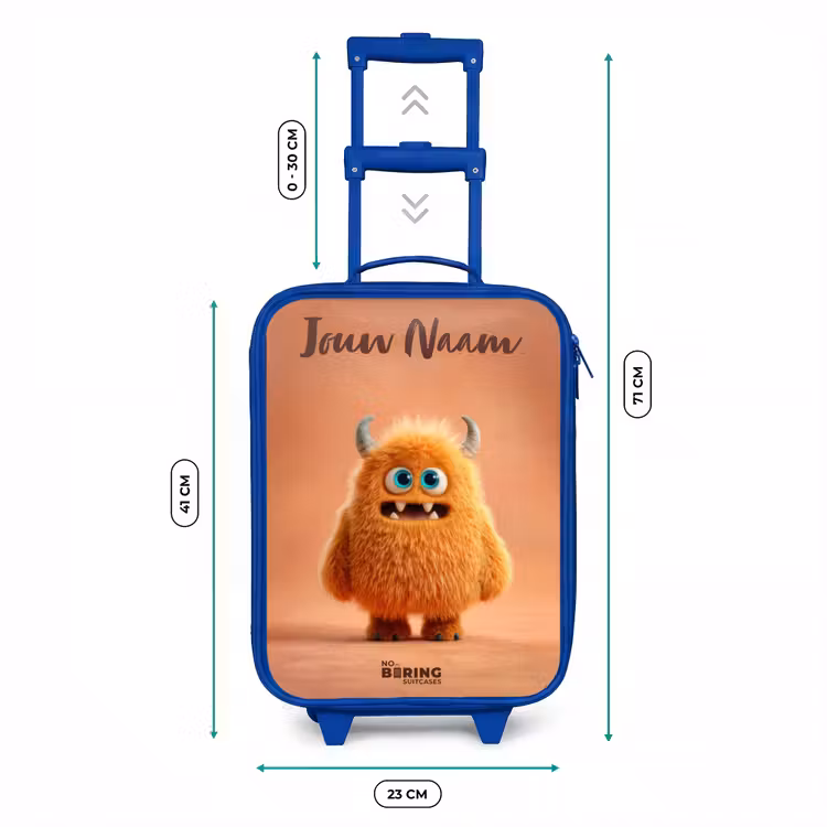 Kinderkoffer met naam - Blauw - Oranje Pluizig Monster met Hoorns — 6