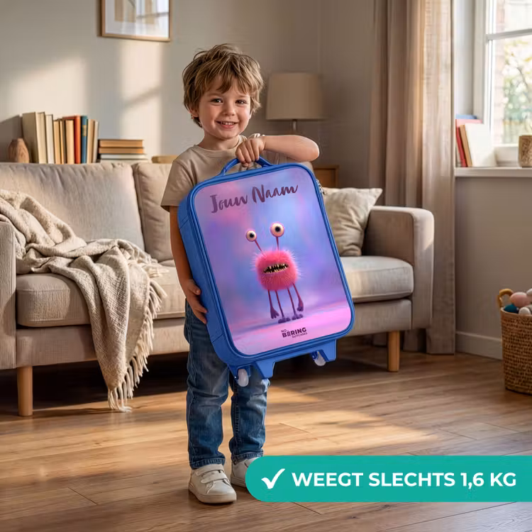 Kinderkoffer met naam - Blauw - Roze harig monster met grote ogen — 2