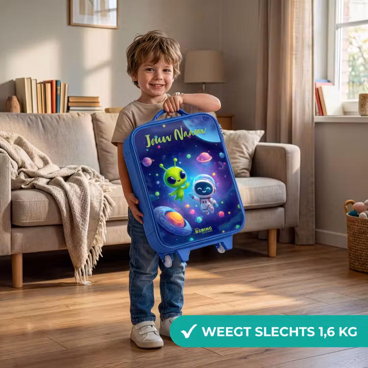Kinderkoffer met naam - Blauw - Vrolijke Ontmoeting in de Ruimte — 2