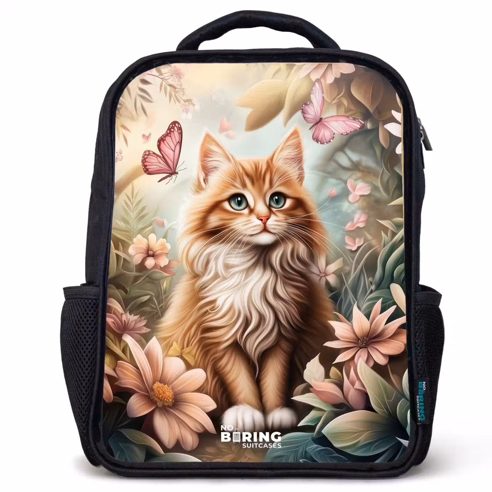 Kinderrugzak - Zwart - Kat in bloemenveld met roze vlinders. — 1