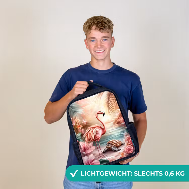 Kinderrugzak - Zwart - Flamingo en schildpad op een roze strand. — 3