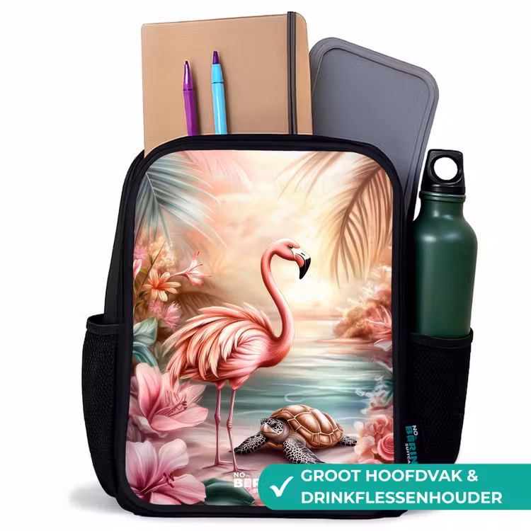Kinderrugzak - Zwart - Flamingo en schildpad op een roze strand. — 4