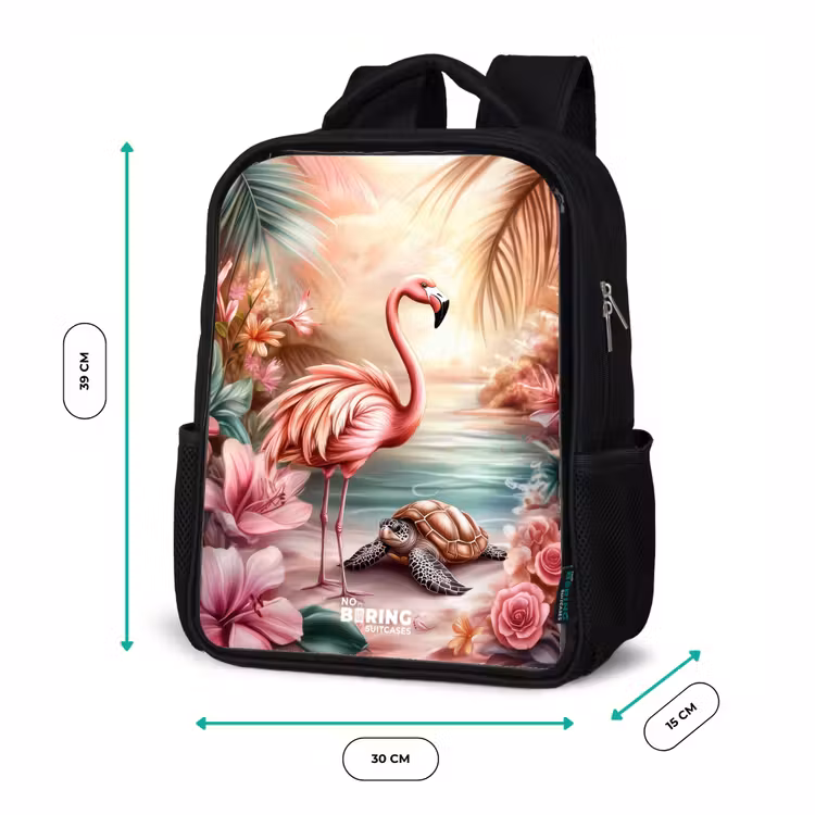 Kinderrugzak - Zwart - Flamingo en schildpad op een roze strand. — 5