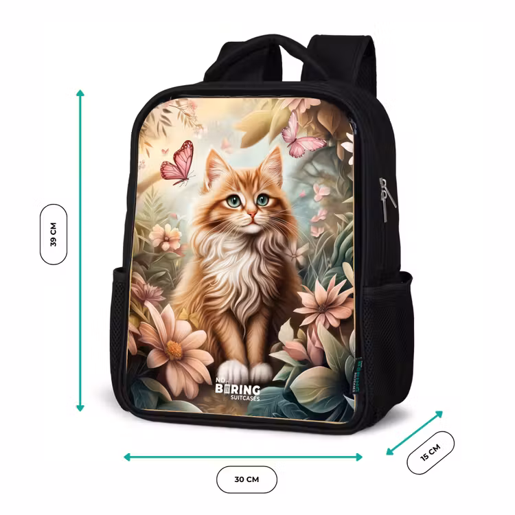 Kinderrugzak - Zwart - Kat in bloemenveld met roze vlinders. — 5