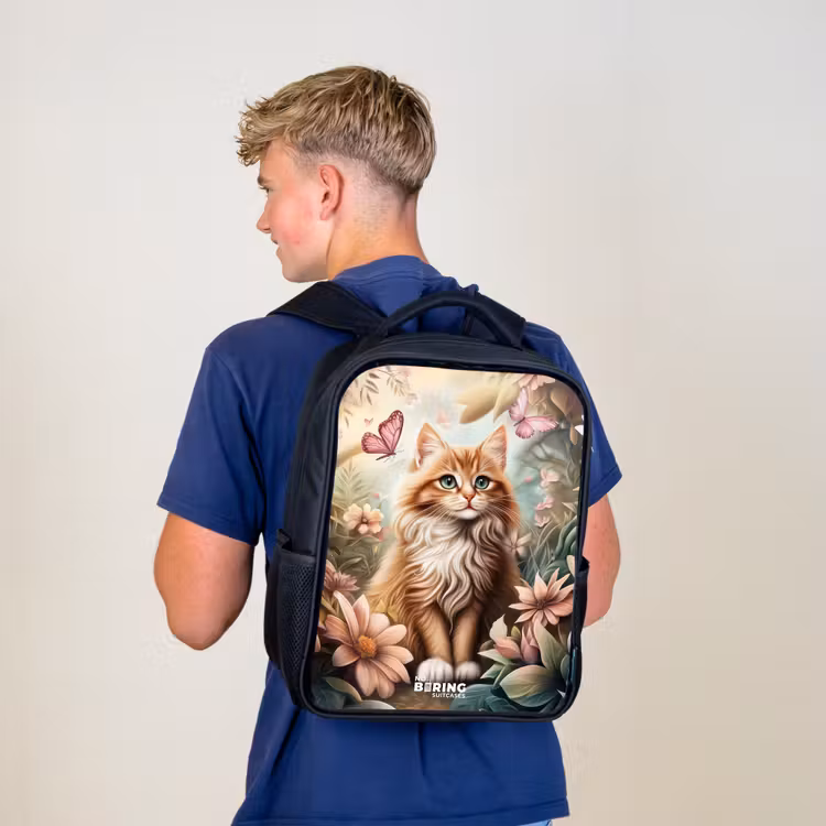 Kinderrugzak - Zwart - Kat in bloemenveld met roze vlinders. — 6
