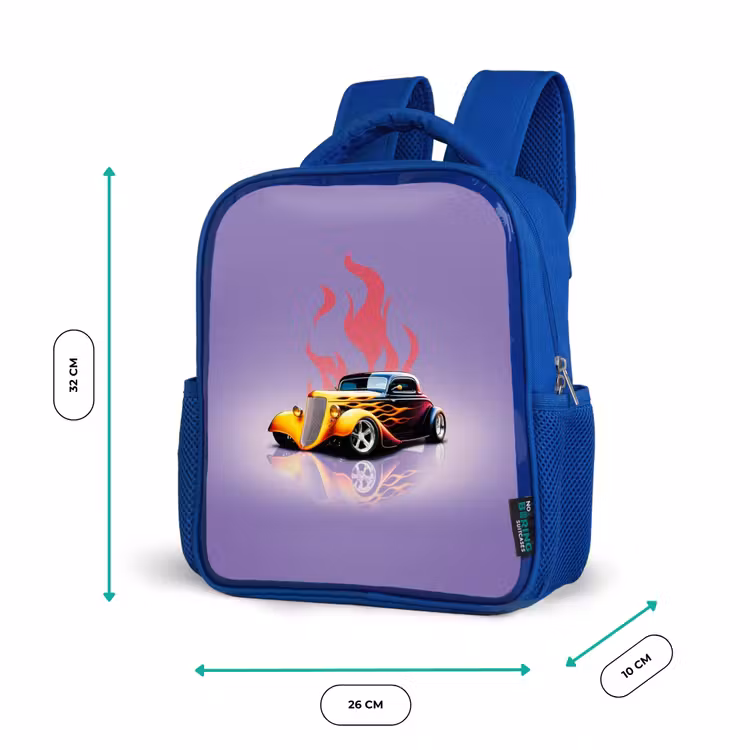 Kinderrugzak - Blauw - Gele auto met roze vlammen — 6