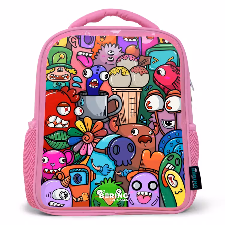 Kinderrugzak - Roze - Monsters, bloemen en ijsje patroon — 1