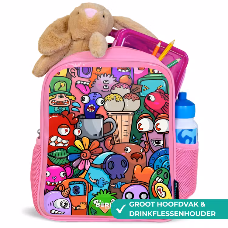 Kinderrugzak - Roze - Monsters, bloemen en ijsje patroon — 2