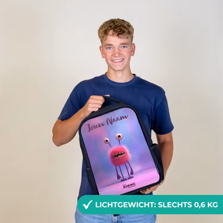 Kinderrugzak met naam - Zwart - Roze harig monster met grote ogen — 3