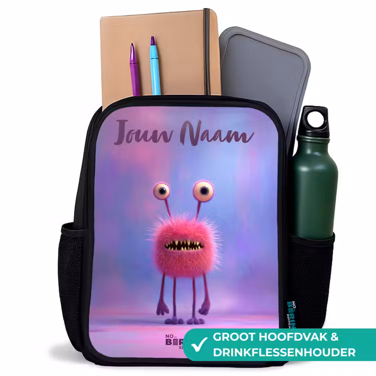 Kinderrugzak met naam - Zwart - Roze harig monster met grote ogen — 4