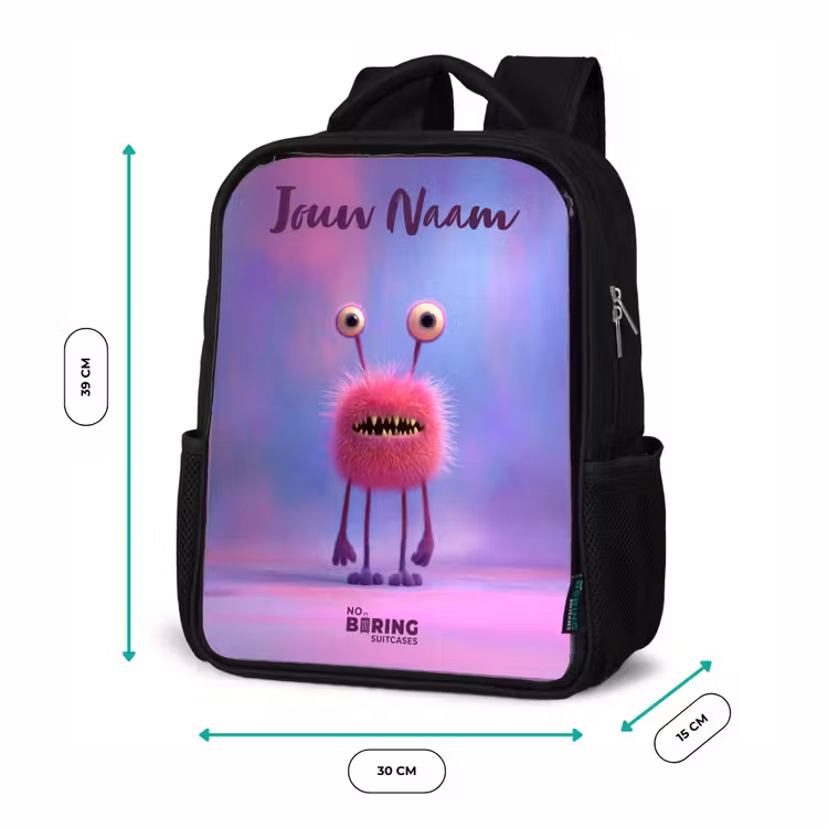Kinderrugzak met naam - Zwart - Roze harig monster met grote ogen — 5