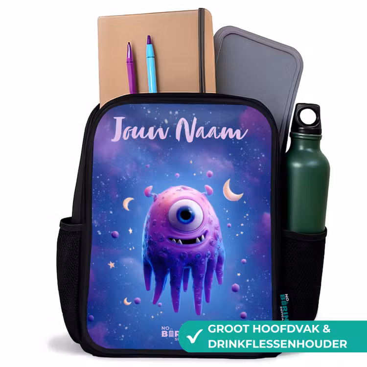 Kinderrugzak met naam - Zwart - Vrolijk paarsoog in de ruimte — 4
