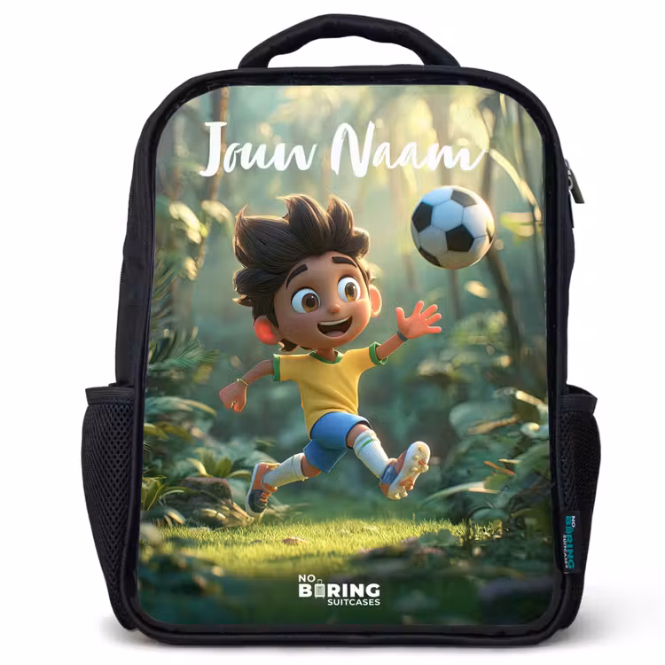 Kinderrugzak met naam - Zwart - Jongen - Voetbal - Bos - Bomen — 1