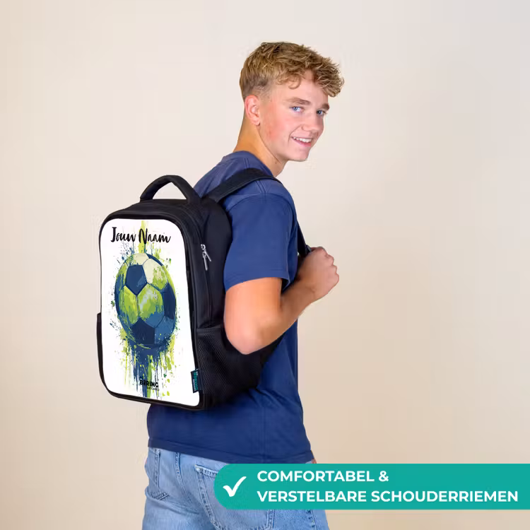 Kinderrugzak met naam - Zwart - Voetbalvibes - Verf - Groen - Blauw — 2