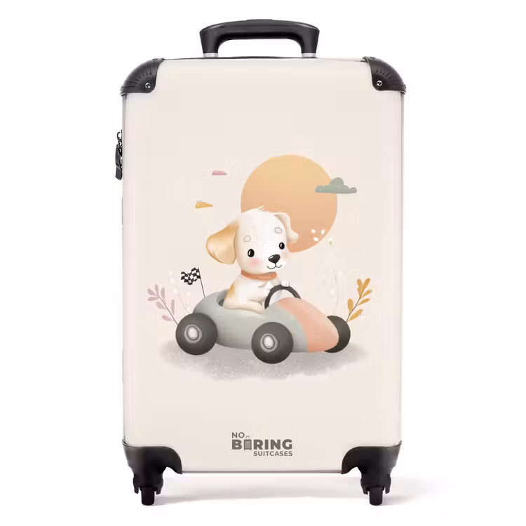 Koffer - Puppy in een raceauto in beige kleuren — 1