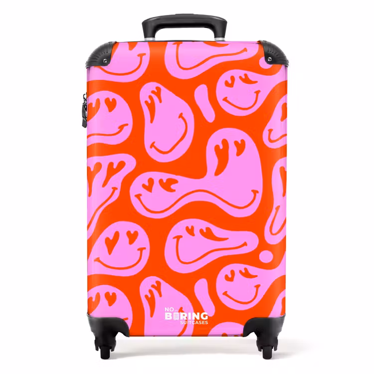 Koffer - Abstracte smileyfiguren met hartogen op rood en roze — 1