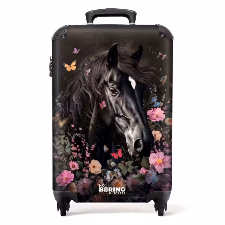 Koffer - Zwart paard met witte bles en kleurrijke bloemen — 1
