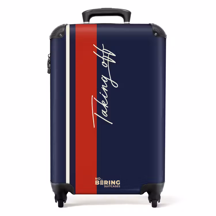 Koffer - Donkerblauwe achtergrond met rood-witte streep en tekst Taking Off — 1