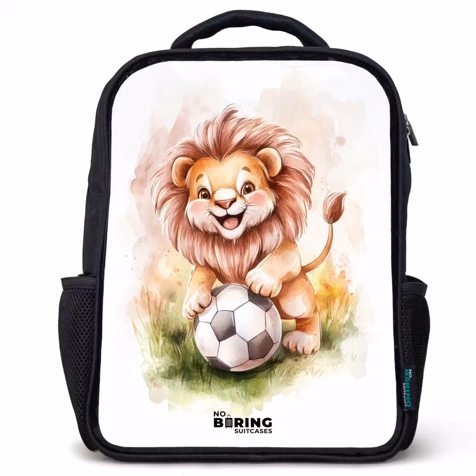 Kinderrugzak - Zwart - Speelse leeuw met voetbal op grasveld — 1