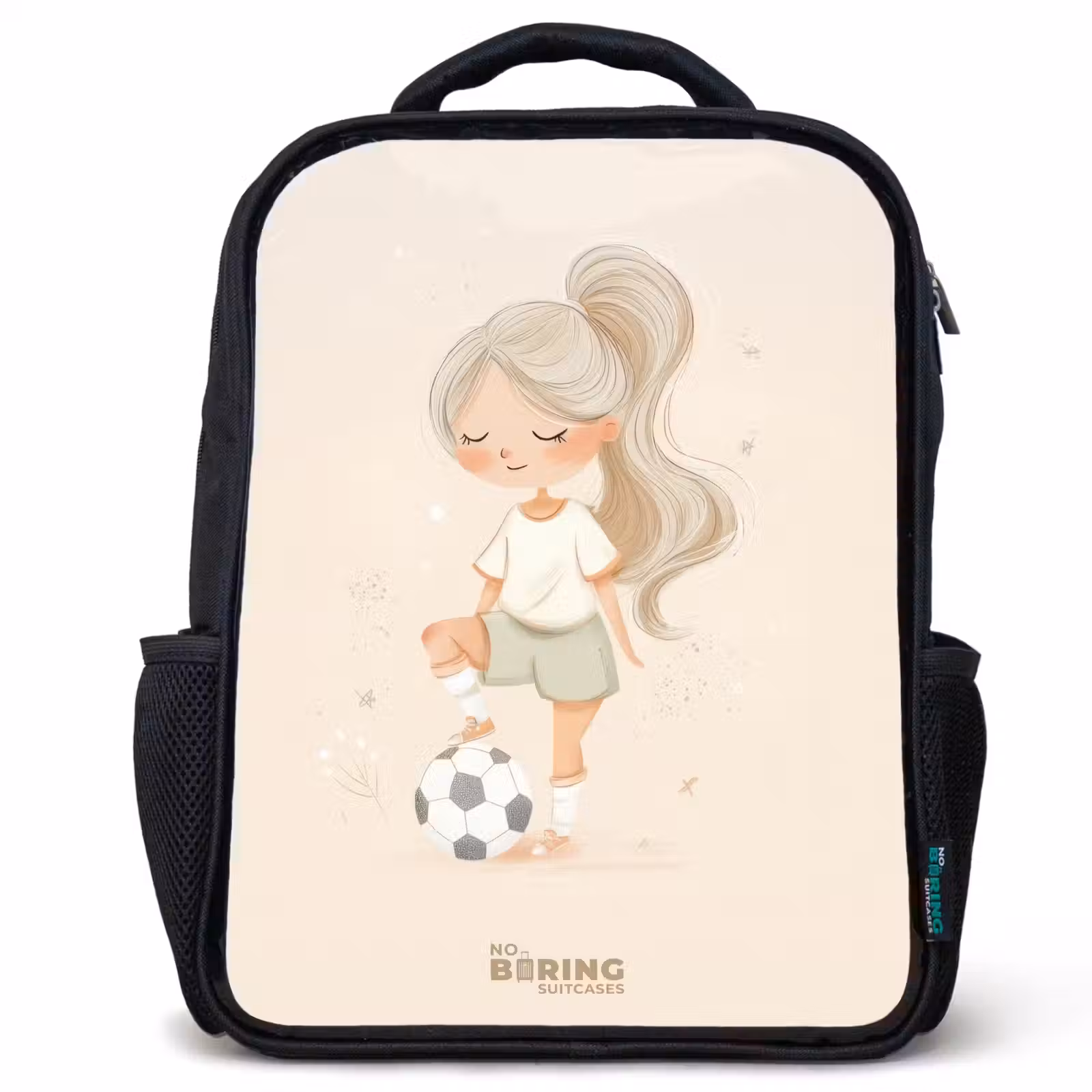 Kinderrugzak - Zwart - Meisje met een voetbal in beige kleuren — 1