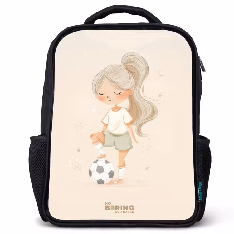 Kinderrugzak - Zwart - Meisje met een voetbal in beige kleuren — 1