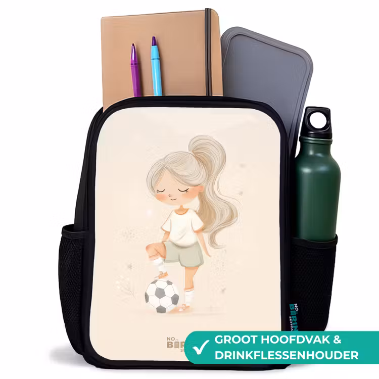 Kinderrugzak - Zwart - Meisje met een voetbal in beige kleuren — 4