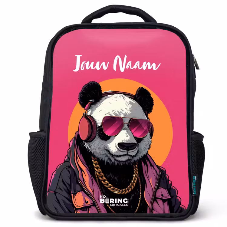 Kinderrugzak met naam - Zwart - Panda met Koptelefoon, Zonnebril en Gouden Ketting — 1