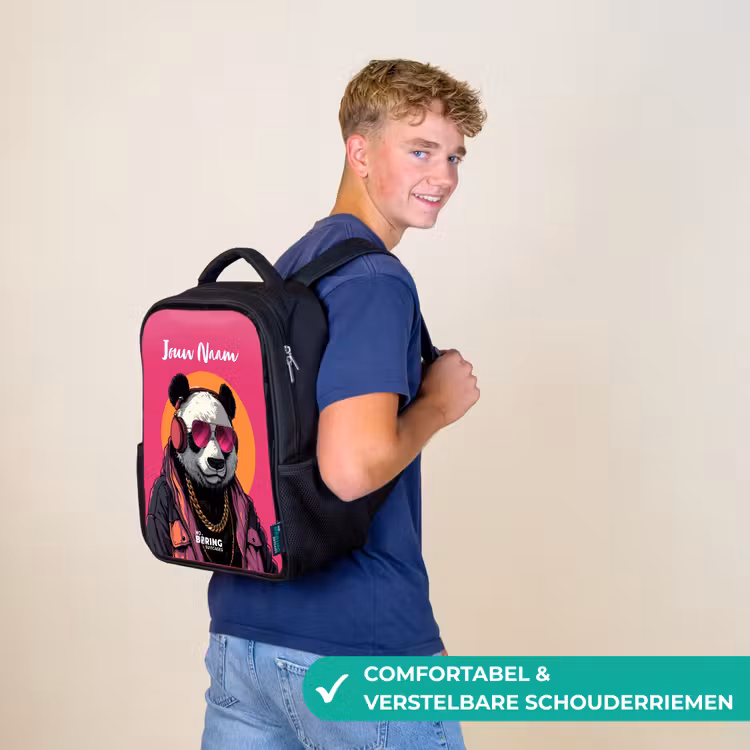 Kinderrugzak met naam - Zwart - Panda met Koptelefoon, Zonnebril en Gouden Ketting — 2