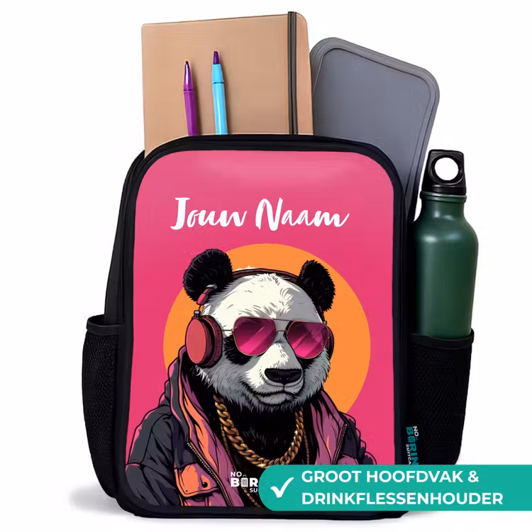 Kinderrugzak met naam - Zwart - Panda met Koptelefoon, Zonnebril en Gouden Ketting — 4