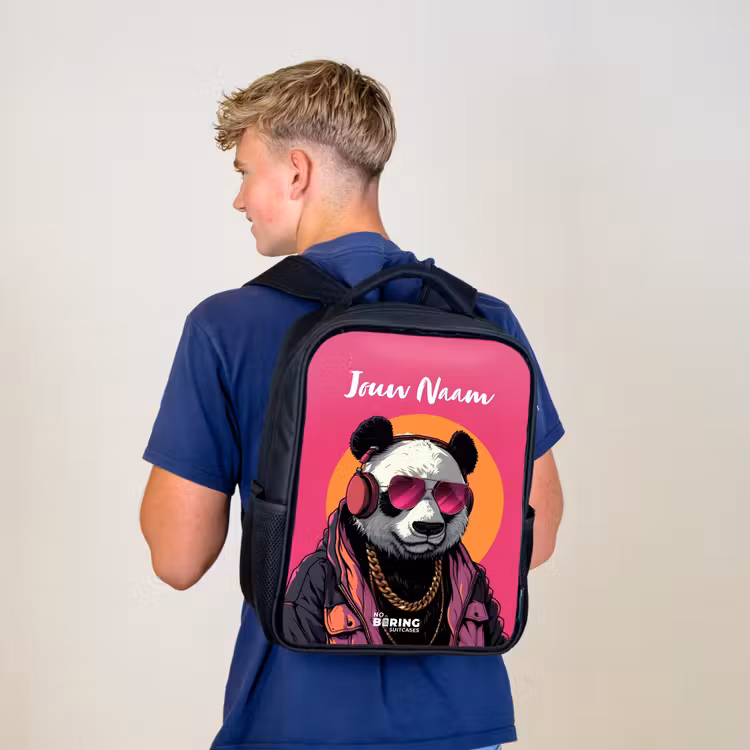 Kinderrugzak met naam - Zwart - Panda met Koptelefoon, Zonnebril en Gouden Ketting — 6