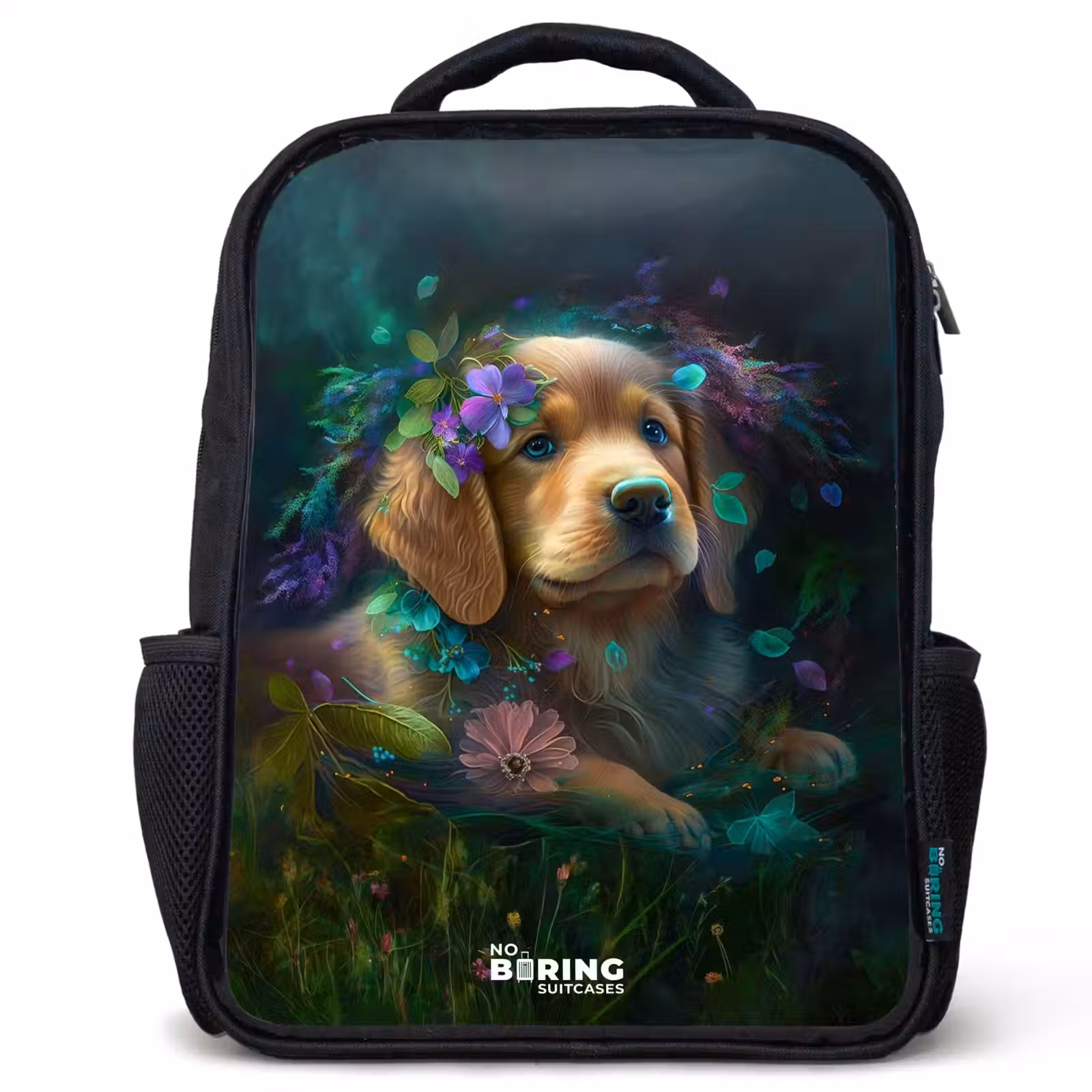 Kinderrugzak - Zwart - Bruine hond tussen de bloemen — 1