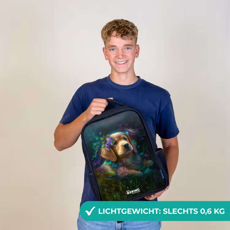 Kinderrugzak - Zwart - Bruine hond tussen de bloemen — 3