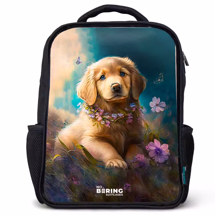 Kinderrugzak - Zwart - Goudkleurige puppy in het gras — 1