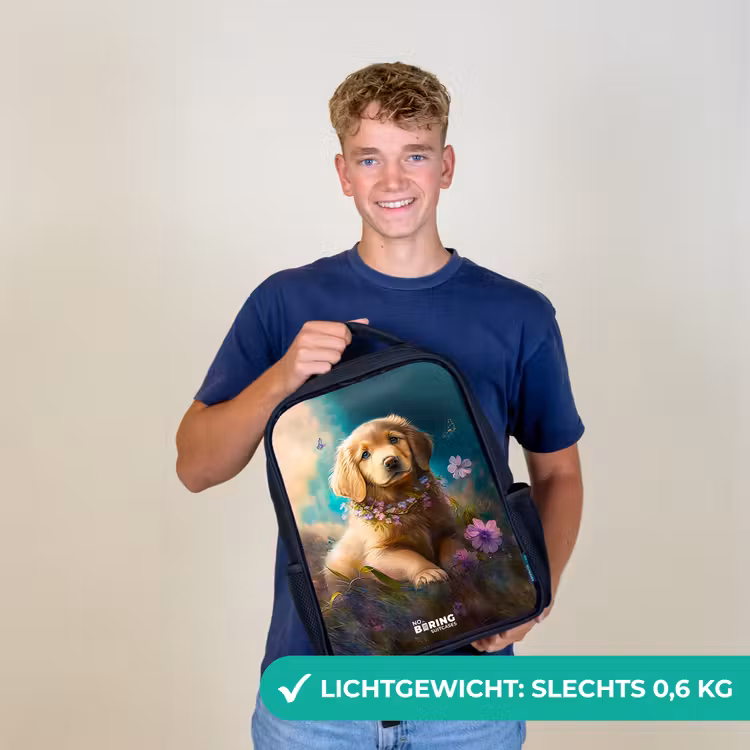 Kinderrugzak - Zwart - Goudkleurige puppy in het gras — 3