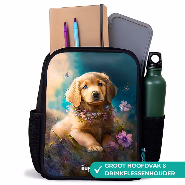 Kinderrugzak - Zwart - Goudkleurige puppy in het gras — 4
