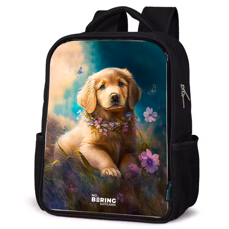 Kinderrugzak - Zwart - Goudkleurige puppy in het gras — 7
