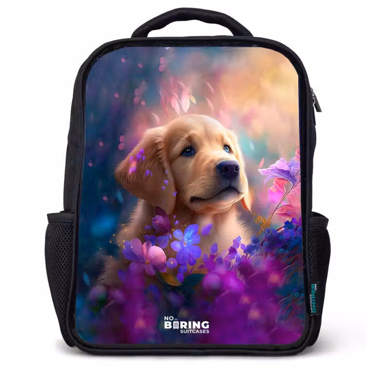 Kinderrugzak - Zwart - Jonge hond tussen felgekleurde bloemen — 1