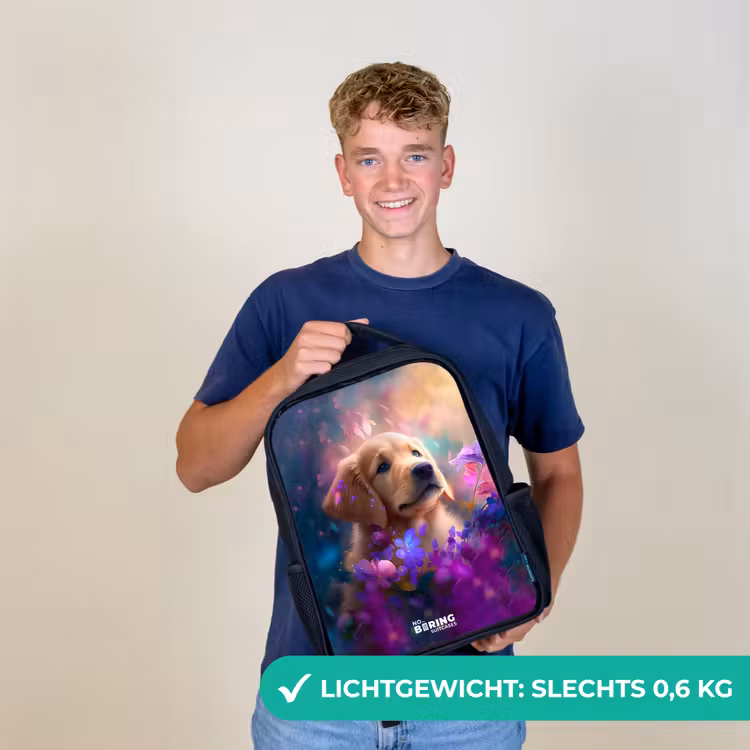 Kinderrugzak - Zwart - Jonge hond tussen felgekleurde bloemen — 3