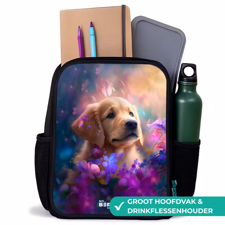 Kinderrugzak - Zwart - Jonge hond tussen felgekleurde bloemen — 4