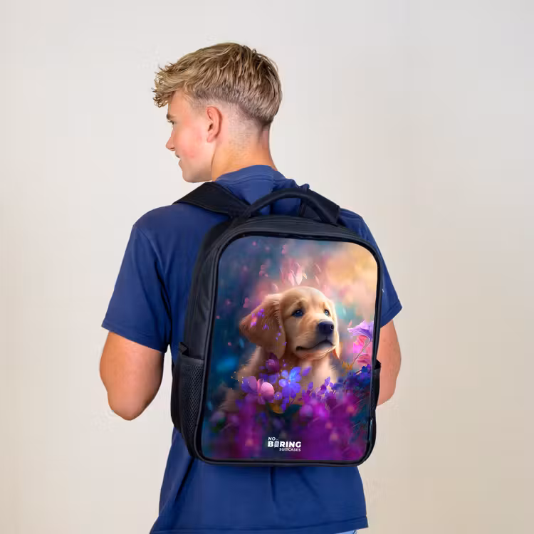 Kinderrugzak - Zwart - Jonge hond tussen felgekleurde bloemen — 6