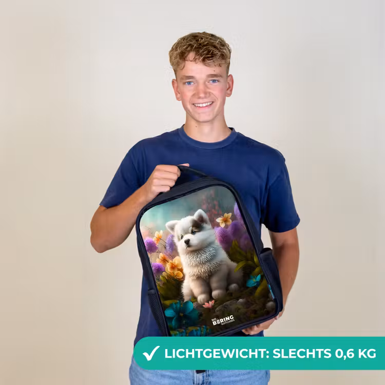 Kinderrugzak - Zwart - Witte puppy in een bloemenweide — 3