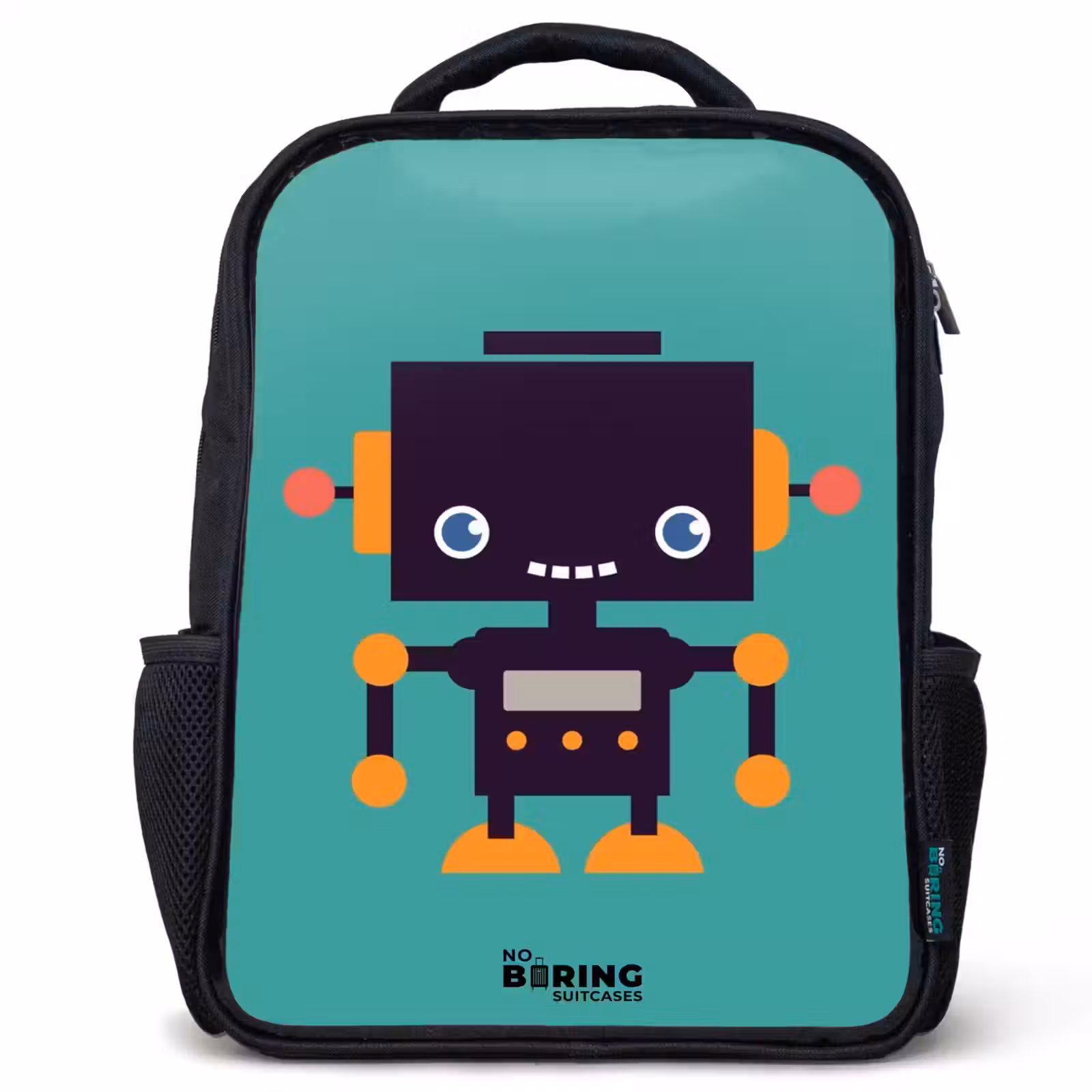 Kinderrugzak - Zwart - Zwarte robot met oranje accenten op een blauwe achtergrond — 1