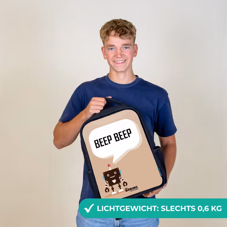 Kinderrugzak - Zwart - Donkerbruine robot met een tekst — 3