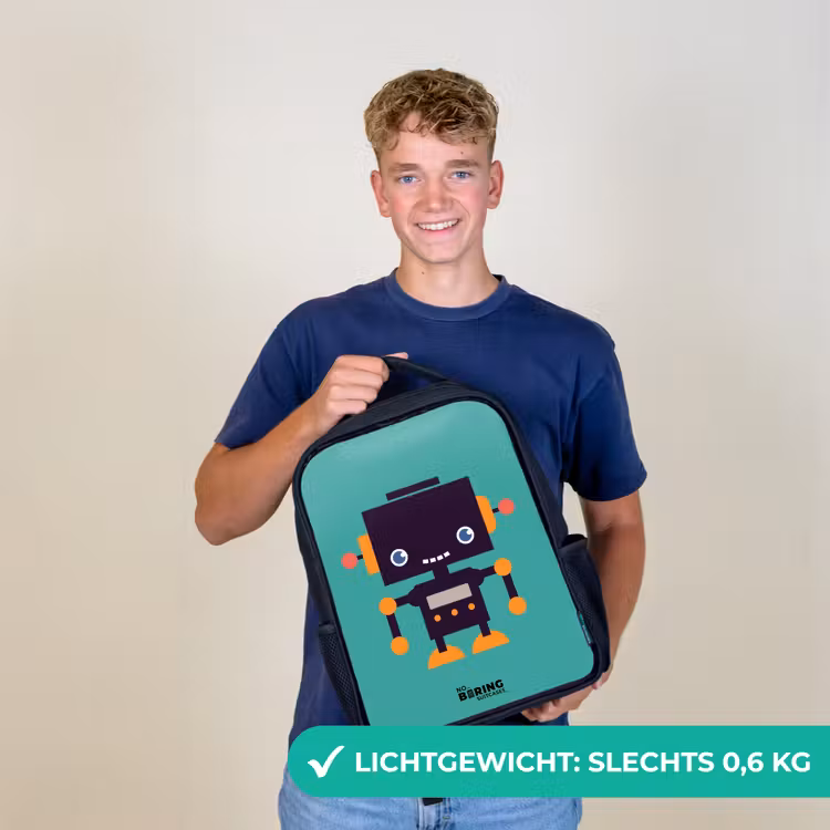 Kinderrugzak - Zwart - Zwarte robot met oranje accenten op een blauwe achtergrond — 3