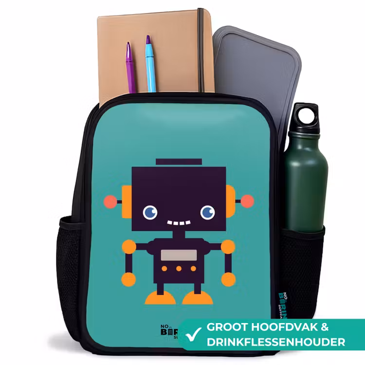 Kinderrugzak - Zwart - Zwarte robot met oranje accenten op een blauwe achtergrond — 4