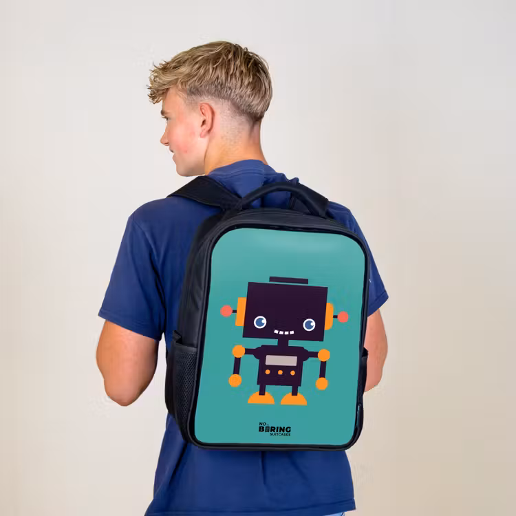 Kinderrugzak - Zwart - Zwarte robot met oranje accenten op een blauwe achtergrond — 6